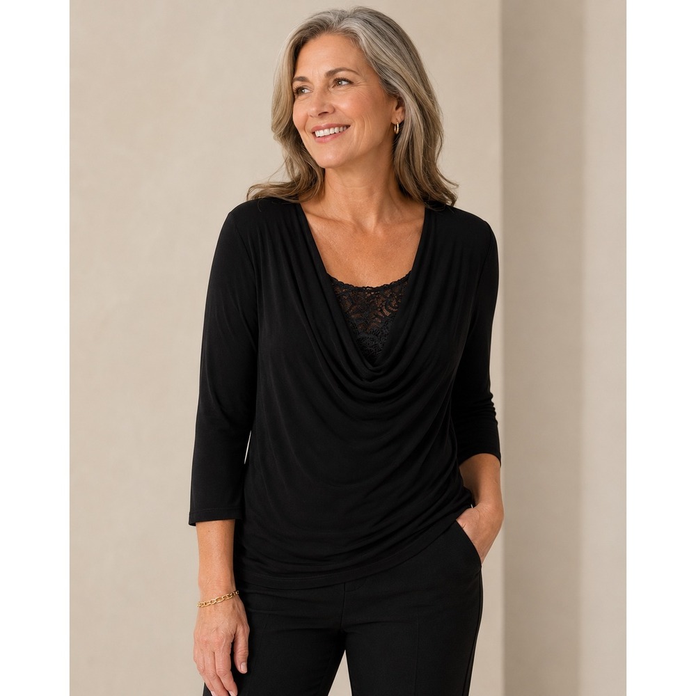 Chicos Travelers Top Black Cowl Neck Lace Inset 3/4 Sleeve Blouse Women 2 US Lrg